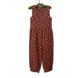 Vintage Red Floral Sleeveless Button-Front Jumpsuit with Pockets